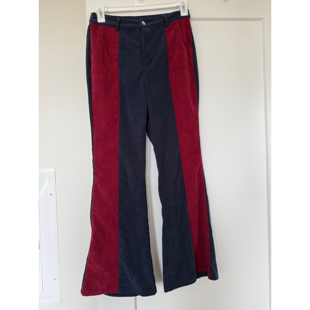 Cider Colorblock Retro Corduroy Flare Pants Navy Blue Red High Waisted Size M